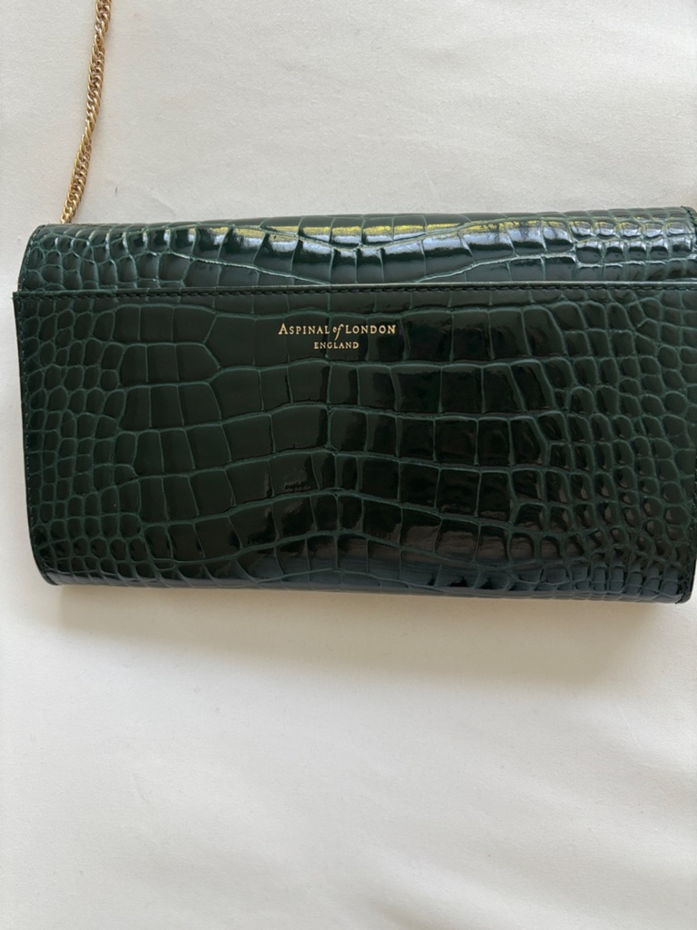 Aspinal of London Dark Green Croc-Embossed Chain clutch Bag - Picture 5 of 12